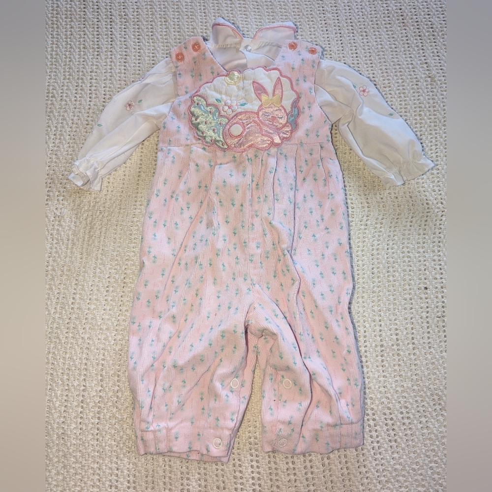 VTG Petit Amour Baby Togs 2 pc Overall Top Outfit 3-6 Months Pink Bunny Rabbit
